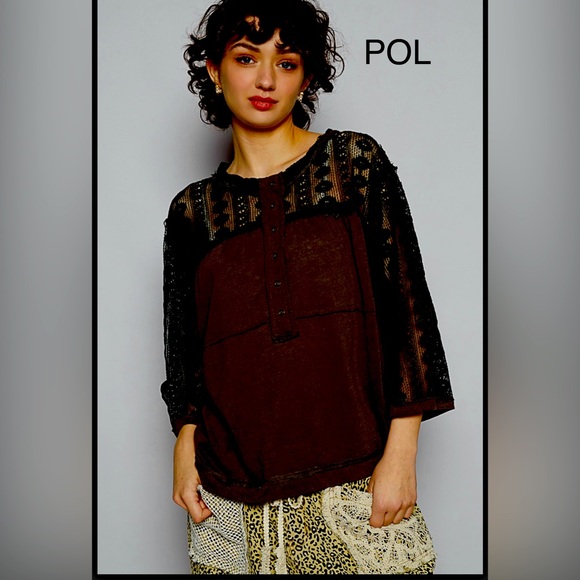 POL Tops - BP215-1🖤POL playful Black& Brown Lace Top w.button placket+lace sleeves+back!